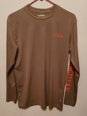 Magellan Outdoors Long-Sleeve Performance Tee in Brown with Orange Accents